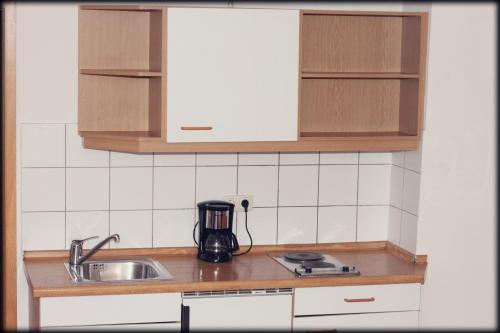 um balcão de cozinha com um lavatório e uma mesa de mistura em Hotel in em Amberg