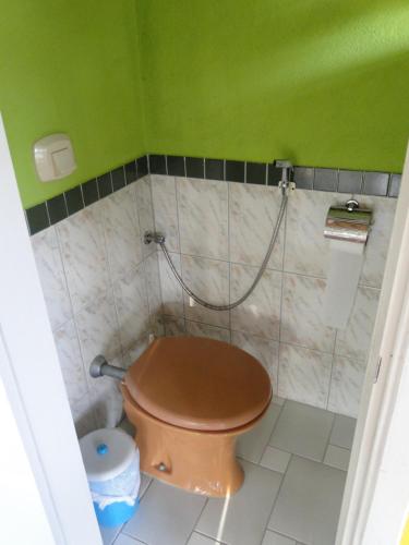 ein Bad mit einem WC und einer grünen Wand in der Unterkunft Céu Azul Casa de Praia in São Sebastião