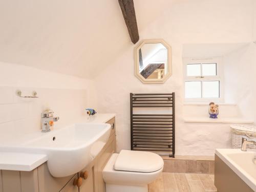 Un baño con lavabo, inodoro y espejo. en Glanrafon, en Criccieth