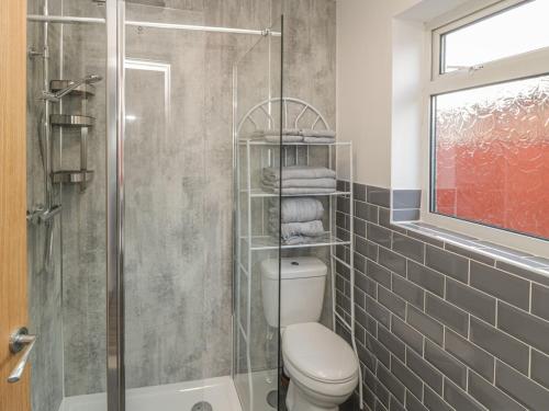 a bathroom with a toilet and a glass shower at The Bungalow at Mill Falls in Great Driffield