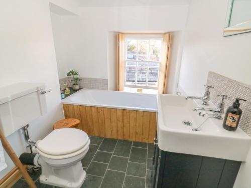 a bathroom with a toilet and a tub and a sink at Howgill Cottage in Sedbergh