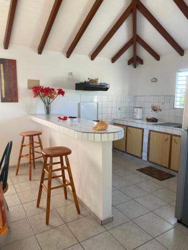 a kitchen with a large white counter and stools at Flamboyant in Sainte-Anne
