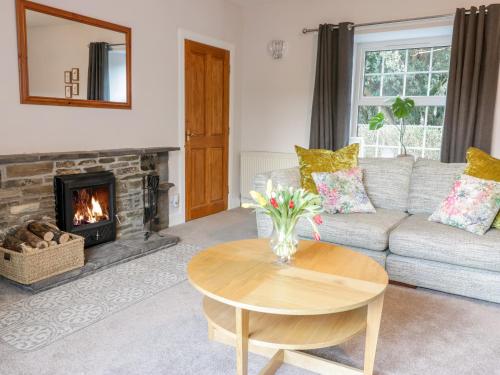 a living room with a couch and a fireplace at Colterscleuch Cottage in Hawick