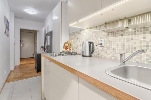 a kitchen with a sink and a counter top at Cozy Local Naplavka Apartments in Center in Prague