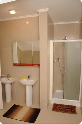La salle de bains est pourvue d'un lavabo et d'une douche. dans l'établissement Global Village Apartment, à Victoria