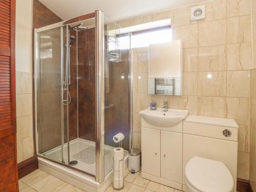 a bathroom with a shower and a toilet and a sink at Heath Corner in Knutsford