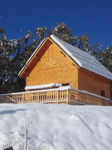 a wooden house with a snow covered roof at Le chalet de Magali in Briançonnet