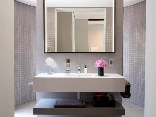 a bathroom with a white sink and a mirror at Lynx Wine Estate in Franschhoek