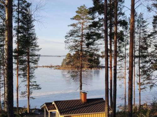 a cabin on the shore of a lake with trees at Lake Cottage Jänisvaara in Kolinkylä