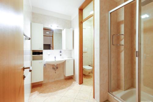 łazienka z umywalką, toaletą i prysznicem w obiekcie Laubenapartment w Meranie
