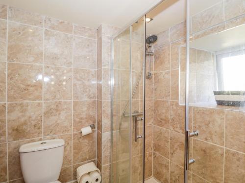 a bathroom with a shower and a toilet at Combe Cottage in Stroud