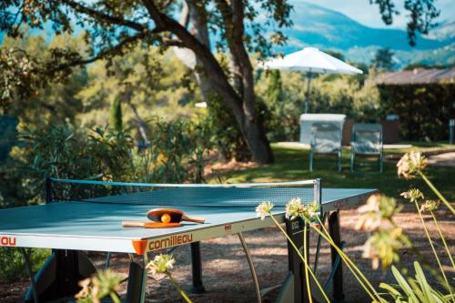 a ping pong table with a ping paddle on it at Hotel****Spa & Restaurant Cantemerle in Vence