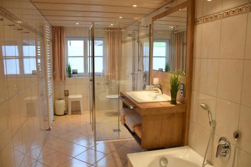 a bathroom with a sink and a shower and a toilet at FERIENHAUS AM DORFBRUNNEN in Oberstdorf