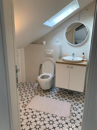 a bathroom with a toilet and a sink and a mirror at West Studio Apartment Sarajevo in Sarajevo