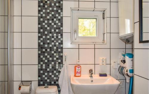 ein Bad mit einem Waschbecken, einem WC und einem Fenster in der Unterkunft Beautiful Home In Veberd With House A Panoramic View in Veberöd
