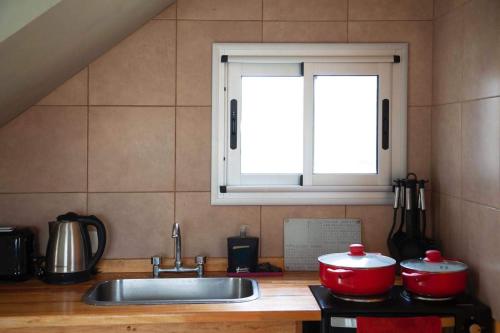 een keuken met twee potten en een wastafel en een raam bij Cabaña Anita in Merlo