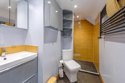 a bathroom with a white toilet and a sink at Shave Farm in Chard