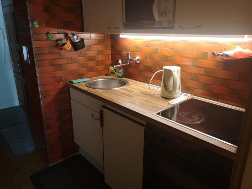 a kitchen with a sink and a brick wall at Simonhöhe Appartment with Swimmingpool in Zirkitz