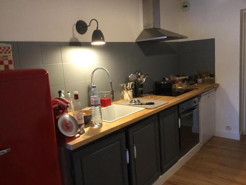 une cuisine avec un évier et un plan de travail dans l'établissement Charmant T3 à proximité du Bassin, à Arès