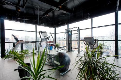 un gimnasio con plantas, equipos de ejercicio y ventanas en Hotel Royal & Spa, en Białystok