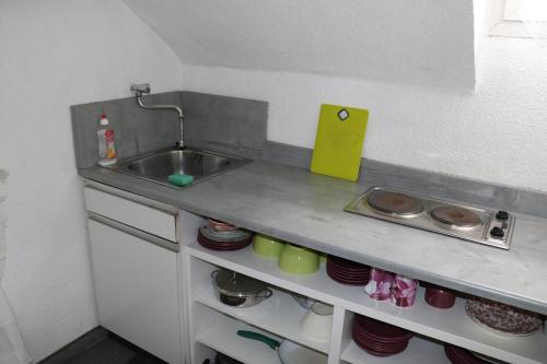 ミュルハイム・アン・デア・ルールにあるApartment mit Gartenblick und kleines Apartment im 3 Familienhausの小さなキッチン(シンク、カウンター付)