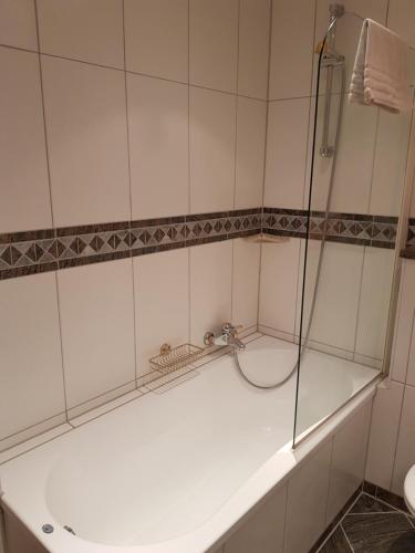 a shower with a glass door in a bathroom at Weingut und Gästehaus Henrici in Friesenheim