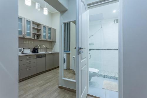 La salle de bains est pourvue de toilettes et d'une douche en verre. dans l'établissement Goldcentral Apartment Akacfa, à Budapest