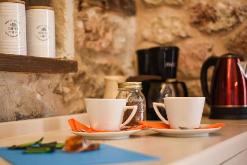two cups sitting on plates on a kitchen counter at Secluded Mountain Refuge - Theonimfi Paradise Gem in Dhimitsana