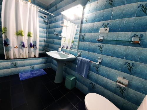 a blue bathroom with a sink and a toilet at Can Joan Yern in Sant Joan de Labritja