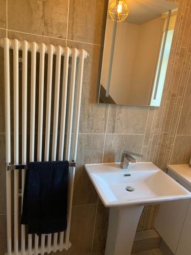 a bathroom with a sink and a mirror and a radiator at St George’s Lodge in Halifax