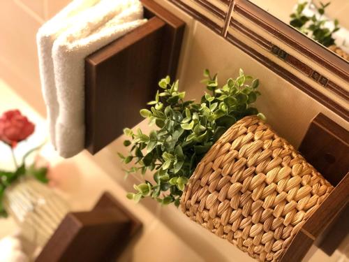 a plant in a basket on a bathroom wall at Ambrózia Étterem és Panzió in Kazincbarcika