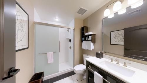 a bathroom with a sink and a toilet and a mirror at The Inn by Sea Island in Saint Simons Island