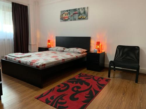 una camera con un letto, una sedia e un tappeto rosso di Center Apartment a Galaţi