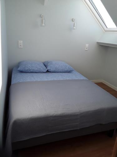 ル・クロトワにあるLa Caravelle en Baieの窓付きの部屋で、ベッド1台(青い枕付)