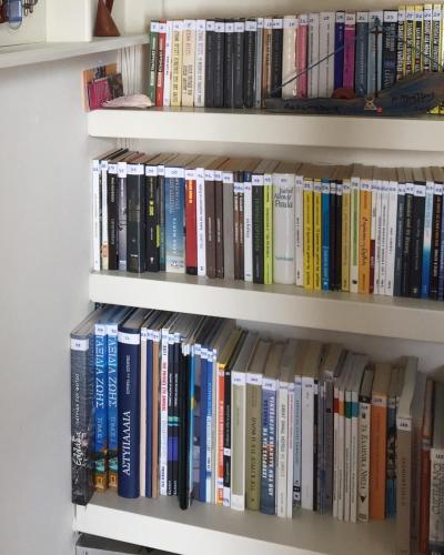 a book shelf filled with lots of books at Kallichoron Art Boutique Hotel in Astypalaia Town