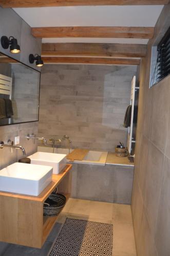 a bathroom with two sinks and a large mirror at Sjiek Basiliek in Oudenbosch