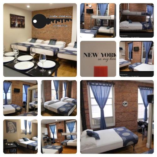 a collage of pictures of a new room with beds at Studios Midtown Manhattan in New York
