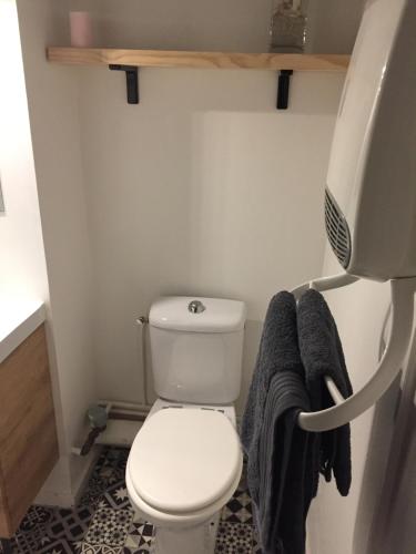 La salle de bains est pourvue de toilettes et d'un portant de serviettes. dans l'établissement 2 pièces à 300m de la grande plage - 2 à 5 couchages, à Saint-Jean-de-Luz