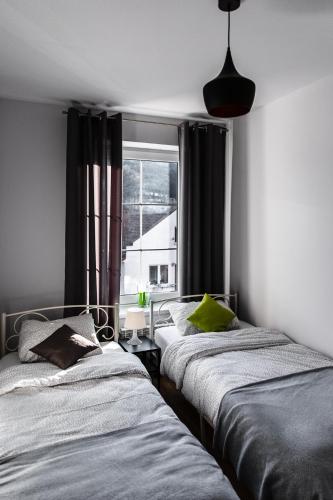 two beds in a room with a window at Apartament Szczęśliwy in Ustrzyki Dolne