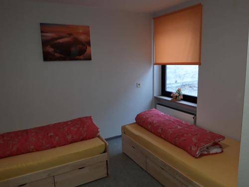 a room with two beds and a window at St Maximin City Ferienwohnungen in Trier