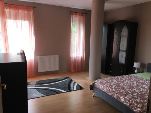 Un dormitorio con una cama y dos ventanas. en Peppy Apartment & Pool, en Balatonfüred