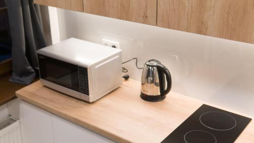 a microwave sitting on a counter in a kitchen at Apartamenty K2 Podmurna 36 in Toruń