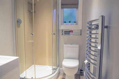 a bathroom with a toilet and a glass shower at NORTHRISE RETREAT in Hastings