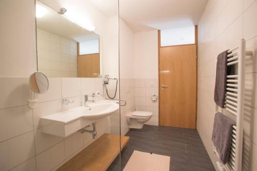 een badkamer met een wastafel, een toilet en een spiegel bij Grossglockner Alpin Lodge in Matrei in Osttirol