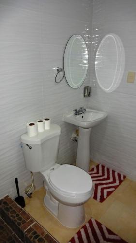 a bathroom with a toilet and a sink and mirrors at Aparta hotel El Sol, Home near AirPort SDQ in Boca Chica