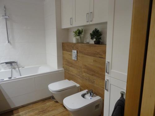 łazienka z toaletą, umywalką i wanną w obiekcie Apartament w centrum, garaż i jakuzzi w cenie we Wrocławiu