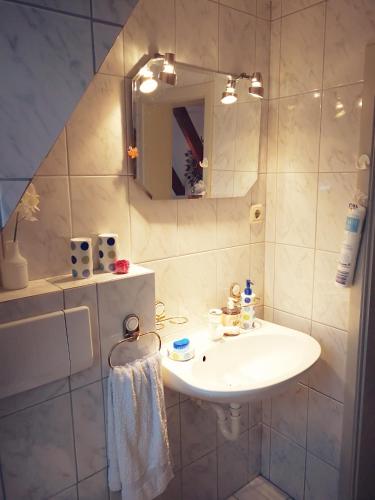 a bathroom with a sink and a mirror at Rosenblick in Zingst