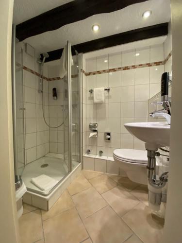 a bathroom with a shower and a toilet and a sink at Hotel & Gastropark Loemühle in Marl