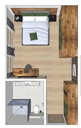 a floor plan of a bedroom with a bed at Hotel Rose in Mayrhofen