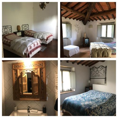 four pictures of a bedroom with two beds and a mirror at Il Pezzatino in Rufina